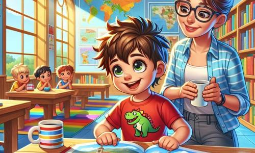 Ein 6-jähriger Junge, Max, mit zerzausten braunen Haaren und neugierigen, funkelnden Augen, sitzt an einem Holztisch in einer hellen Bibliothek. Er trägt ein rotes T-Shirt mit einem Dinosaurier-Motiv und eine blaue Shorts. Max lächelt staunend und hält ein großes, aufgeschlagenes Buch mit bunten italienischen Landschaften vor sich. Neben ihm steht seine Mutter, eine Frau in ihren Dreißigern mit braunen, hochgesteckten Haaren und Brille, die wohlwollend zusieht. Sie hält eine Tasse Kaffee und beobachtet ihren Sohn mit einem warmen Lächeln. Der Ort ist eine geräumige Bibliothek mit Regalen voller Bücher mit bunten Einbänden, bunten Teppichen auf dem Boden und großen Fenstern, die Sonnenlicht hereinlassen. An den Wänden hängen Poster mit Weltkarten und Bildern verschiedener Länder. Die Hauptsituation zeigt Max, der fasziniert Bilder von Italien in seinem Buch entdeckt, während Kinder um ihn herum aufmerksam den Reisegeschichten lauschen, alle gefesselt von Abenteuer und Entdeckung.