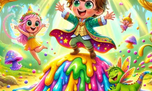 Um jovem bruxo chamado Zico, com cabelos desgrenhados e uma robe de bruxo colorida, está no centro da imagem, sorrindo e dançando alegremente no meio de um montículo de gelatina colorida que espirra ao seu redor. Seus olhos brilham de excitação e felicidade, mostrando que ele está se divertindo muito. À sua direita, sua melhor amiga, Lila, uma pequena fada com asas cintilantes e cabelos rosas, ri enquanto flutua no ar, com os braços levantados em sinal de alegria. Ela veste um vestido leve feito de pétalas de flores e brilha sob a luz do sol. À esquerda de Zico, Roni, um dragão engraçado, com escamas verdes e olhos travessos, dança fazendo piruetas, suas pequenas patas tocando a gelatina e criando respingos coloridos. Ele tem um grande sorriso no rosto e parece muito feliz por participar da festa. O cenário é uma clareira encantada, cercada por árvores com troncos dourados e flores multicoloridas que dançam ao vento. Raios de sol filtram através das folhas, iluminando a cena com uma luz mágica e acolhedora. A situação principal mostra Zico que, em vez de fazer aparecer um bolo gigante, acidentalmente criou uma festa de gelatina, e todos os personagens se divertem juntos, dançando e rindo no meio dos respingos coloridos, celebrando a magia da amizade.