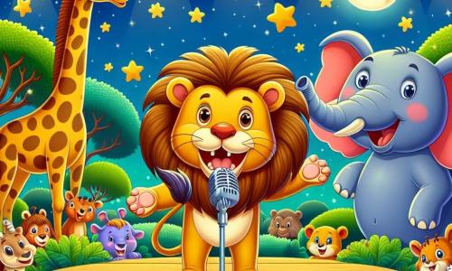 Um leão majestoso, chamado Leo, está em um palco de madeira no centro de um zoológico colorido, com uma expressão alegre e travessa no rosto, sua juba dourada brilhando sob a luz da lua. Ao seu lado, uma elegante girafa chamada Gigi, com grandes olhos suaves e um longo pescoço, canta alegremente, suas patas dianteiras apoiadas na borda do palco. Um elefante engraçado, Tico, com grandes orelhas e um sorriso radiante, está ao fundo, pronto para fazer uma apresentação cômica. O zoológico é repleto de cores vivas, com árvores luxuriantes, animais curiosos reunidos ao redor do palco e estrelas cintilantes no céu noturno. A cena mostra Leo anunciando o início de uma competição de talentos, cercado por risos e excitação, criando uma atmosfera festiva e alegre.