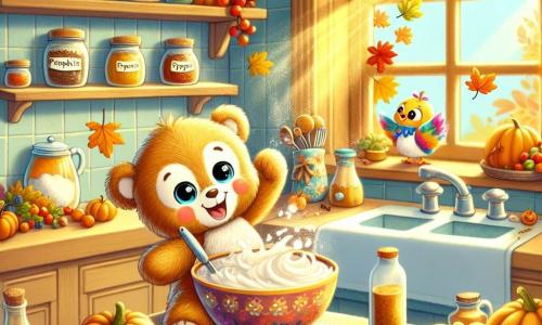 Pippin, a small stuffed animal with soft fur and sparkling eyes, is joyfully dancing in a cozy kitchen surrounded by spice jars and autumn fruits. He has a big smile on his face, showing his enthusiasm for making pumpkin pie. Next to him, a small colorful bird named Chippy is perched on the windowsill, chirping happily and curiously watching Pippin. The kitchen is decorated with vibrant autumn leaves, pumpkins, and apples on the table, with golden light filtering through the window, creating a warm and welcoming atmosphere. The main scene shows Pippin mixing pumpkin puree in a large bowl, with laughter and flour flying in the air, while Chippy sings a little autumn song, filling the room with joy and good cheer.