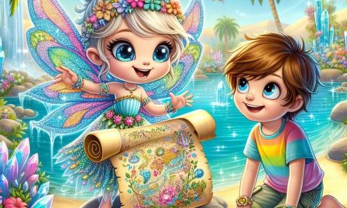 A small fairy named Luna, with shimmering pastel-colored wings and a dress made of flower petals, joyfully smiles while floating above an oasis. Her mischievous sparkling eyes shine with excitement as she holds an ancient magical map scroll in her delicate hands. Next to her, a young boy named Leo, around 10 years old, with messy brown hair, wearing a colorful t-shirt and canvas shorts, gazes at the map in wonder. He crouches by the crystal-clear water, his eyes wide open, absorbing every detail of the adventure ahead. The oasis is an enchanting place, surrounded by lush palm trees, vibrant flowers, and sparkling crystals reflecting the sunlight. The water is a bright blue, and colorful birds joyfully fly in the azure sky. The main scene shows Luna and Leo discovering the magical map scroll together, ready to embark on a new adventure through the mysterious desert, filled with excitement and curiosity.