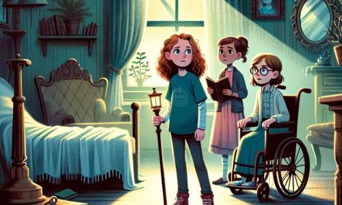 In an old mysterious house, three brave friends stand together in a dark, dusty room. **Emily**, a 12-year-old girl with curly red hair, wears a blue t-shirt and jeans, standing in the center with bright eyes, holding an old journal. **Ella**, an 11-year-old girl in a wheelchair with brown hair, wears a pink dress and is to Emily's left, looking around curiously with her hands on the armrests. **Lucy**, a 12-year-old girl with glasses and brown hair, is to Emily's right, holding a flashlight that lights their way, her face showing a mix of worry and determination. The room is filled with old furniture covered in white sheets, dusty mirrors reflecting eerie shadows, and scattered books on the floor. Spider webs adorn the walls, and moonlight filters through a broken window, creating a mysterious and slightly frightening atmosphere. The three friends explore the house, ready to face the shadows dancing around them, determined to uncover the secrets of this haunted place.