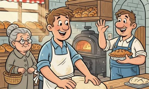 A young man (about 28) with a round face and tousled brown hair, wearing a flour-stained white apron, smiling and concentrating as he kneads a large ball of dough on a wooden counter; an older woman (about 60) with gray hair in a bun, oval glasses and a simple coat holds a basket and waits at the counter to the baker's left; a man (about 50) with a weathered face in denim overalls holds a wrapped apple pie and stands near the door to the right greeting the baker; interior of a small cozy bakery with light brick walls, wooden shelves of golden bread and pastries, a cast-iron oven glowing orange and a checked curtain at the window; soft morning light through the window, flour dust in the air and small dough splatters on the work surface, lively morning scene of the baker kneading while smiling customers queue, warm, convivial atmosphere with clear textures (flour, crust, wood grain).