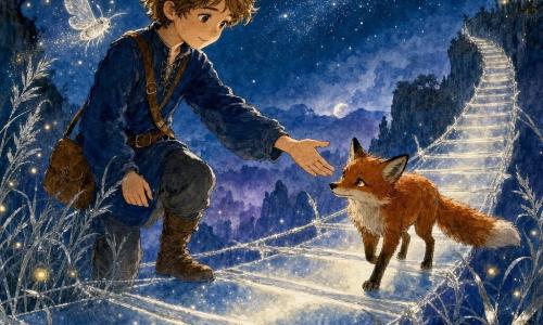 Elior, a gentle-faced young man with bright eyes and light chestnut hair, wearing a navy tunic and leather satchel, reaches out to help a small shy red fox with an amber gaze and slightly lowered bushy tail on a moonbeam-woven bridge of translucent planks glowing underfoot above a violet mist-filled valley; a silver moth with translucent, starlit wings flutters by his right shoulder, silver grasses and golden fireflies drift around, and a deep starry sky frames the scene — a boy aiding a little animal across a bridge of light at night in a fairylike setting with stark black contrasts and washes of navy, silver, and rust.