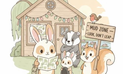 Hazel, a small detective rabbit with cream fur and brown patches, large floppy ears and a canvas satchel with a pencil, holds the damp but reassembled map between her paws with a determined, kind expression; Nib, a worried-yet-relieved young rabbit, stands beside her holding a dark hood, timid and contrite but helpful; Tilda, a lively little squirrel, grins while holding a painted wooden sign reading MUD ZONE — LOOK, DON’T LEAP, her bushy tail fanned; Pip, a tiny robin, perches on the corner of the sign, observant and curious; Bramble, a stocky, slightly gruff badger, stands behind with crossed paws, half-proud, half-grumpy and ready to plant stakes. Setting: in front of a small light-wood community hut with the noticeboard now covered by the repaired map, garlands of leaves and ribbons, a weeping willow and a pond with water lilies in the background. Main situation: the friends have just found and reassembled the festival map; calm cooperative gestures, relief and the start of the celebration. Palette and style: soft pastel palette (sage green, sky blue, beige, pale pink), gentle contrasts, warm late-morning light, clean lines, rounded shapes, subtle paper texture, centered composition, clean negative space, high-resolution kawaii-minimal readable style for print.