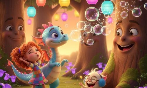 The main character is Bubbles, a young friendly dragon with sparkling eyes, small translucent wings and pink-and-pastel-blue shiny scales who blows shimmering colorful bubbles; Lucy, about eight, with copper curly hair in a multicolored patchwork dress, dances and makes funny faces to the left of the dragon; Tinklepuff, a tiny cream-furred creature with round glasses and blue ear-tips, sits at the base of the tickle tree laughing and holding a small glowing golden gem. In the background is the Giggly Glade—large smiling-trunk trees, soft green moss, singing purple flowers and floating lanterns. It's a comic performance: Lucy dances ridiculously while Bubbles showers sparkling bubbles that burst into light confetti, Tinklepuff laughs and offers the gem. Bright colors, warm contrasts, soft sunset light, smooth textures and rounded shapes for a warm, playful look.