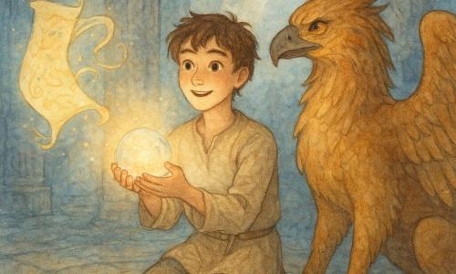 A young man of about 17 holds a glowing opaline time crystal with an awed, serene expression, wide eyes and calm smile, tousled brown hair, beige linen tunic and leather boots, arm extended toward the crystal's light; to his right stands a majestic griffon with tawny fur, folded wings tipped in gold and a protective gaze, one paw near the boy's foot; a luminous scroll floats to his left, translucent ribbons with gold motifs and tiny whispering letters; they stand in the heart of a stone-carved temple with large sculpted columns, a circular tiled floor like a clock with glowing blue runes and dust-filled beams of light — a peaceful moment of triumph as the crystal pulses warm light and casts soft shadows in a magical, ancient atmosphere.