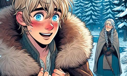 A young man named Erik, about 18 years old, stands at the edge of a snowy forest, with wheat-colored blond hair and bright blue eyes shining with excitement and determination. He wears a thick brown fur cloak, his cheeks rosy from the cold, and he gazes toward the horizon, ready to venture into the unknown. Nearby, Elder Sigrun, an elderly woman around 70, with braided silver hair and a wrinkled face full of wisdom, stands in the shadow of the trees, watching Erik with a kind expression, holding an old rune in her hands. The setting is a dense forest, where trees are covered in a thick layer of sparkling snow under the starlight, while a light wind blows, lifting snowflakes into the air. The main scene shows Erik, heart racing, ready to enter the dark forest, determined to find the Rune of the North Star, with the echo of snow whispers resonating around him, like a call to adventure.
