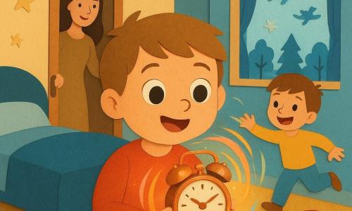 Un niño de 4 años, ojos grandes y curiosos, cabello castaño claro corto, sonríe maravillado sosteniendo un pequeño despertador de cobre brillante; una madre de unos 30 años, de rostro dulce y cabello largo castaño, abre la puerta sonriendo detrás, a la izquierda; otro niño de similar edad, versión espejo de Tomás con ropa ligeramente distinta, ríe y corre hacia él desde la derecha como salido de un remolino de luz; la habitación infantil se ha convertido en un lugar mágico: paredes pastel con estrellas, ventana abierta con cielo brillante, pequeños aviones y árboles azules, alfombra suave y una gran pelota roja; el despertador crea un remolino luminoso y colorido entre los dos niños, ambiente seguro, lúdico y sorprendente, colores cálidos y textura de collage.