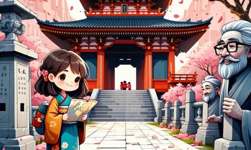 O fată de 12 ani, Alinea, se află în mijlocul unui templu japonez măreț, având părul brun și ondulat, purtând un kimono colorat împodobit cu flori de cireș. Fața ei exprimă uimire și curiozitate, iar ochii strălucitori îi examinează detaliile sculpturilor antice din jur. Lângă ea, bunicul ei, un bărbat în vârstă cu barbă căruntă și ochelari, zâmbește mândru ținând o hartă a templului, în timp ce bunica, o femeie blândă cu părul argintiu, face fotografii cu un aparat foto vintage, surprinzând momentul magic. Locația este un templu tradițional japonez, cu acoperișuri în pagodă, felinare din piatră și cireși înfloriți care creează o atmosferă de basm, totul fiind iluminat de lumina aurie a soarelui apunând. Situația principală o arată pe Alinea descoperind o mică cutie din lemn împodobită cu motive japoneze, pe care a găsit-o sub un cireș, simbolizând începutul aventurii ei și căutarea cunoștințelor despre cultura japoneză.