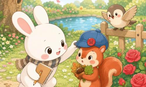 The main character is a small white rabbit with large round ears, a joyful proud expression, wearing a blue hat with a big red button, a striped detective scarf, holding a notebook and pencil, crouched in front of a bush retrieving his hat; a glossy red squirrel with a surprised, sheepish look stands before him with the hat crooked on its head and paws full of leaves and a shiny acorn; a small plump tit with beige plumage and red beak spots perches on a wooden fence to the right, curious and slightly flapping its wings; the scene is a sunny colorful garden with soft green grass, a round reflective pond, a large oak to the left, a red rose bush with some fallen petals and a small dirt path with footprints and white tufts—a tender, light reunion as the rabbit reclaims his hat amid sharing and apologies, warm atmosphere, bright pastel colors, rounded shapes and simple outlines.