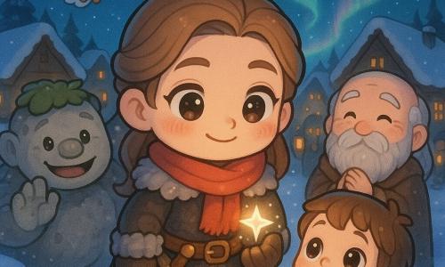 A woman — Brynja, the heroine — wears a dark fur-trimmed leather coat, a bright red scarf, a short sword at her belt and holds a small silver star charm glowing pale in her left hand, her face soft and proudly relieved with shining eyes and a small smile; a boy, Toma (about 6), round-faced and amazed, plays with a wooden horse at Brynja’s right in the foreground, looking at the star with admiration; an elderly village elder (about 70) with warm wrinkles and a long gray beard stands behind Brynja near a simple stone altar, hands clasped and eyes wet with joy; a gentle troll, Grum, large and round with stone-gray skin and moss on his head, timidly waves from the snowy path at left; a white owl, Sova, flies just above Brynja with wings spread, seeming to guide the group. The setting is a wooden village of snow-covered roofs around a central square with a stone altar, the snow bright under a deep night sky streaked with green, blue and pink auroras; Brynja has just returned the silver star to its case on the altar, color-filled light rising in waves as villagers gather with lanterns, the mood warm, peaceful and wondrous. Color palette: cool blues and whites for snow, warm reds and golds for clothing and lanterns, soft silver glow for the charm and green/pink aurora ribbons. Visual style: chibi kawaii with rounded proportions, oversized heads, simplified features and shiny eyes, soft textures and gentle bright lighting, composition centered on Brynja and the altar.