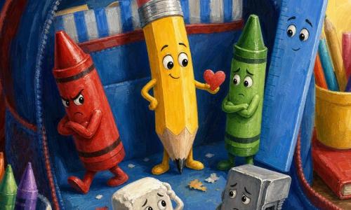 Un lápiz de madera amarillo llamado Lino, rostro sonriente y goma rosa en la punta, ofrece un pequeño corazón de papel rojo; a su izquierda una cera roja ceñuda retrocede enfadada y a su derecha una cera verde con mirada inquieta y manos cruzadas observa con duda; en primer plano una goma blanca algo arrugada y confusa junto a un sacapuntas gris contrito; al fondo una regla de plástico azul apoyada observa con calma; todo dentro de una mochila azul abierta de tela texturada con bolsillos, rayas y migas de papel, luz cálida desde la esquina superior derecha y útiles escolares esparcidos; escena de reconciliación, atmósfera colorida, dulce y optimista, contraste vivo entre rojo, verde, amarillo y azul, estilo pintura acrílica infantil con pinceladas visibles y contornos ligeramente difuminados.