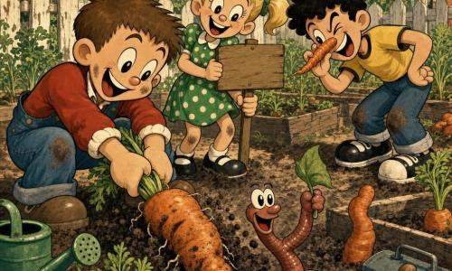 Vier Figuren im Gemeinschaftsgarten an einem sonnigen Nachmittag: Max, etwa 9, braune Kurzhaare, rote Jacke und Jeans-Latzhose, links hockend und zieht lachend eine große, raue orange Karotte aus der dunklen Erde; Emma, etwa 8, blonde Zöpfe, grünes gepunktetes Kleid, in der Mitte mit einem Schild „Karottenwachstum in Arbeit!“ und lachend zur Karotte schauend; Paul, etwa 9, lockige schwarze Haare, gelbes T‑Shirt, rechts vorgebeugt und mit Grimasse hält er eine verdrehte Karotte wie eine „Nase“; Karotti, ein großer glänzend braunroter Regenwurm, lugt aus einem Loch, scharrt Erde und winkt mit einem Blatt. Die Beete sind von verwitterten Holzplanken eingefasst, im Hintergrund bunte Gartenhäuschen und Laubbäume, einige Gartengeräte liegen herum; fröhliche, feste Atmosphäre mit unregelmäßig geformten orangen Karotten, erdigen Spritzern, lebendigen Farben und rund-exagriertem Retro-Cartoon-Stil.