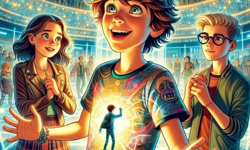 Een 11-jarig jongen, Finn, met rommelig kastanjebruin haar en nieuwsgierige ogen, staat in het midden van de afbeelding met zijn armen wijd open, vol opwinding. Hij draagt een kleurrijk t-shirt met futuristische patronen en een korte broek, omringd door glinsterende technologische gadgets. Naast hem staat zijn beste vriendin Lila, een 11-jarig meisje met lang blond haar en een vastberaden uitdrukking, die een klein lichtgevend apparaat in haar handen houdt, klaar om het te gebruiken. Iets verderop observeert Aiden, een 12-jarig jongen met een stijlvolle jas en een bril, aandachtig de scène, met zijn ogen gericht op de mysterieuze energie die uit een grote machine komt. De locatie is de majestueuze Toren van Kracht, een futuristische glazen en stalen structuur met glinsterende lichten en holografische schermen die energiegegevens weergeven. Luminescente planten klimmen langs de muren en creëren een magische en technologische sfeer. De hoofdactie toont Finn, Lila en Aiden die een enorme pulserende machine in het midden van de kamer ontdekken, die een kleurrijke en levendige energie uitstraalt. Ze staan op het punt het mysterie van de energiebron op te lossen die hun stad beïnvloedt, met uitdrukkingen van vastberadenheid en verwondering op hun gezichten.