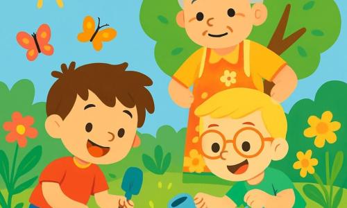 Hay 3 personajes: - Martín: un niño de 6 años, con el pelo castaño desordenado, lleva una camiseta roja y un pantalón corto azul. Está bajo el sol, sonriendo y sosteniendo una pequeña pala. - Lucas: un niño de 5 años, con el pelo rubio y gafas, viste una camiseta verde y pantalones beige. Está al lado de Martín, sosteniendo un pequeño regador, con los ojos brillantes de emoción. - Abuela: una mujer mayor, con el pelo gris recogido, lleva un delantal de flores. Se encuentra detrás de los niños, sonriendo, con las manos en las caderas, observando con orgullo a los niños. El lugar es un jardín soleado, lleno de flores coloridas, grandes árboles verdes y un pequeño huerto bien cuidado. Mariposas vuelan alrededor de las flores, y un cielo azul claro se extiende arriba, salpicado de algunas nubes blancas. La situación principal muestra a Martín y Lucas plantando semillas en la tierra suelta, con Abuela animándolos. Los niños están concentrados, cavando agujeros con sus pequeñas palas, mientras Abuela les muestra cómo regar las semillas con cuidado. Los colores vivos y alegres del jardín crean una atmósfera de felicidad y aprendizaje.