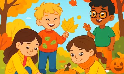 Er zijn 4 kinderen: - Emma: een 8-jarig meisje met lang bruin haar, gekleed in een felgele jas en rubberen laarzen. Ze is bladeren aan het oprapen. - Finn: een 6-jarig jongetje met rommelig blond haar, in een rode trui met kikkers. Hij staat naast Emma en houdt een groot geel blad vast als een schat. - Tess: een 7-jarig meisje met bruine vlechten, gekleed in een oranje sjaal en een rok met bladeren. Ze zit op de grond en tekent een gezicht op een grote pompoen. - Amir: een 7-jarig jongetje met zwart haar en een bril, in een groene t-shirt. Hij staat rechtop met een kleine eikenschors in zijn hand en glimlacht terwijl hij naar de anderen kijkt. De scène speelt zich af in een herfsttuin vol kleuren. De bomen zijn versierd met gouden, rode en oranje bladeren, terwijl glimlachende pompoenen op het gras liggen. De grond is bedekt met dode bladeren die kraken onder de voeten, en een heldere blauwe lucht strekt zich uit boven hen, verlicht door een zachte herfstzon. De kinderen hebben plezier samen met het oprapen van bladeren en het versieren van pompoenen, terwijl ze lachen en verhalen delen over de magie van de herfst.