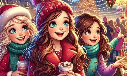 Tre ragazze di nove anni, Sofia, Marta e Giulia, si trovano al centro di un vivace mercatino di Natale. Sofia ha lunghi capelli castani e indossa un cappotto rosso con un berretto abbinato. Sorride mentre tiene una tazza di cioccolata calda. Alla sua destra, Marta ha capelli biondi e ricci, indossando una sciarpa verde, ammira una decorazione natalizia scintillante. A sinistra, Giulia, con capelli castani e un vestito blu, indica un grande albero di Natale illuminato, meravigliata. Il mercatino è decorato con luci e fiocchi di neve che cadono dolcemente. Gli stand colorati offrono dolci, giocattoli e ornamenti, mentre un grande albero brilla al centro, circondato da famiglie felici. Le tre amiche, entusiaste, cercano insieme il regalo perfetto per le loro famiglie, ridendo e ballando al ritmo delle canzoni di Natale che risuonano nell'aria fresca e festosa.