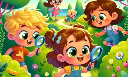 Una bambina di 4 anni, di nome Mia, con grandi occhi marroni pieni di curiosità, si trova al centro dell'immagine, sorridente ed entusiasta, con una lente d'ingrandimento in mano. Alla sua destra, Leo, un bambino di 5 anni con capelli biondi arruffati, corre gioiosamente con le braccia alzate, pronto a esplorare. A sinistra, Giulia, una bambina di 4 anni con capelli castani intrecciati, osserva attentamente il terreno con la sua lente d'ingrandimento, con un'espressione concentrata sul viso. Lo sfondo è un parco verdeggiante, pieno di alberi con foglie brillanti, fiori colorati e un sentiero nascosto bordato di cespugli. In lontananza, un cielo azzurro chiaro con alcune nuvole bianche fluttuanti aggiunge dolcezza alla scena. Mia e i suoi amici scoprono un sentiero misterioso tra i cespugli, con i volti illuminati dall'eccitazione per l'avventura che li attende.