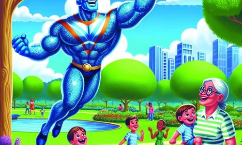 Un supereroe di nome Gigante Blu, un uomo alto e muscoloso con la pelle blu brillante e un grande sorriso, vola nel cielo. Indossa un mantello scintillante che brilla al sole, e la sua espressione è gioiosa e determinata mentre tende la mano per afferrare una palla rossa incastrata in un albero. Sotto, un bambino di circa 7 anni, con capelli castani e occhi brillanti, guarda con meraviglia. Indossa una maglietta a righe e pantaloni corti, sorridendo felice di vedere il suo eroe. Accanto a lui, una signora anziana di circa 70 anni, con capelli grigi e occhiali, tiene diversi sacchetti della spesa. Sembra grata e sorridente, osservando Gigante Blu con ammirazione. La scena si svolge in un parco verdeggiante, con grandi alberi dalle foglie lucenti e fiori colorati lungo un sentiero. Il cielo è blu con alcune nuvole bianche e soffici, e i bambini giocano intorno, aggiungendo un'atmosfera gioiosa all'illustrazione. La situazione principale mostra Gigante Blu mentre salva la palla del bambino incastrata nell'albero, illustrando il suo ruolo di supereroe benevolo pronto ad aiutare chi ne ha bisogno.