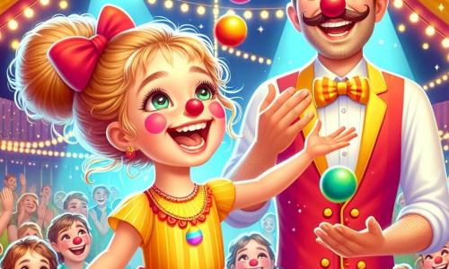 Una niña de 6 años, llamada Sofía, con grandes ojos brillantes y una sonrisa radiante, lleva un vestido amarillo brillante y un gran lazo rojo en el cabello. Está riendo mientras lanza una pelota de colores al aire, llena de energía y alegría. A su lado, un hombre alto y delgado, de unos 30 años, llamado Pepe, con un gran bigote y una nariz roja de payaso, está haciendo malabares con pelotas multicolores, sonriendo amablemente. Detrás, una gran carpa de circo de colores vivos, con rayas rojas y amarillas, está decorada con luces brillantes. Espectadores de todas las edades están sentados en bancos de madera, aplaudiendo y riendo, creando un ambiente festivo. La escena principal muestra a Sofía, feliz, intentando hacer malabares con las pelotas bajo la mirada cariñosa de Pepe, en una atmósfera mágica y llena de risas, capturando el espíritu del circo.
