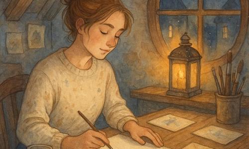 Artystka Lena siedzi w rogu poddaszowego atelier, skupiona i pogodna, z łagodną twarzą, zmęczonymi lecz błyszczącymi oczami i jasnobrązowymi włosami związanymi w niedbały kok; ma na sobie kremowy wełniany sweter poplamiony farbą i ciemnoniebieskie spodnie, trzyma wilgotny pędzel nad białą kartką na dużym drewnianym biurku; obok stoi mętny słoik z wodą, pudełko akwareli, otwarty szkicownik z ołówkowymi szkicami, zmazywana gumka oraz złożona koperta i mała rysowana kartka; nad parapetem stoi stara metalowa latarnia 
