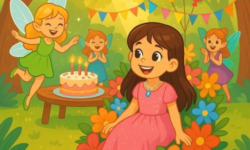 An 8-year-old girl with long brown hair and sparkling eyes is sitting on a throne of colorful flowers, smiling in wonder. She wears a pink dress adorned with glitter and a crystal necklace that shines in the sunlight. Next to her, a fairy with translucent, shimmering wings, golden hair, and a green dress dances joyfully, adding a touch of magic to the scene. In the background, a group of brightly colored fairies with beaming smiles enjoy themselves around a large table decorated with colorful cakes, balloons, and garlands. The setting is an enchanted clearing surrounded by majestic trees with golden leaves, with sunlight filtering through the branches, creating a fairy-tale atmosphere. The main scene shows the girl celebrating her birthday surrounded by her fairy friends, laughing and singing joyfully, while a large birthday cake with lit candles takes center stage at the party.
