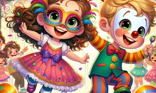 Een klein meisje van 3 jaar, Lotte, met bruine krullen en sprankelende ogen, draagt een mysterieuze masker dat in de zon glinstert. Ze danst met een grote glimlach, haar armen wijd open, omringd door felle kleuren en zwevende confetti. Naast haar staat haar vriend Tim, een 4-jarige jongen met rommelig blond haar en een lachende clown, die een kleurrijk clownmasker draagt. Hij lacht terwijl hij vrolijk springt, met een dierenballon in zijn hand. De achtergrond is een drukke straat, vol carnavalversieringen: kleurrijke vlaggen, zwevende ballonnen en fonkelende lichten die de feestelijke sfeer verlichten. Kinderen en volwassenen dansen en hebben plezier om hen heen, waardoor een vrolijke en levendige ambiance ontstaat. De hoofdscène toont Lotte en Tim die samen plezier hebben op het carnaval, omringd door muziek en gelach, terwijl ze de magie van het feest ontdekken en gelukkige momenten delen.