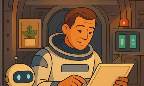 Un uomo astronauta di nome Luca, concentrato e rassicurante, volto dolce con leggere rughe e capelli corti castani, in tuta spaziale bianca e blu, tiene una grande scheda tecnica e infila lentamente un cavo argentato in una porta segnata da una freccia mentre la sua torcia a mano illumina la scena con luce calda; accanto a lui, a sinistra, c'è Plico, un piccolo robot postale tondeggiante color crema con un volto luminoso ingenuo che lampeggia di blu e lo osserva; su una mensola dietro Luca c'è una piccola pianta chiamata Basilico in una scatola d'acqua trasparente con foglie verde vivo e un'etichetta; luogo: interno del Relè 7, grande modulo circolare in metallo lucido con pareti rivettate in stile art déco, scritta al neon «RELÈ 7», tappeti mobili argentati con capsule ovali brillanti, bracci meccanici ripiegati, pannelli luminosi verdi e blu e una piccola spia rossa; situazione: momento calmo e preciso in cui Luca ricollega il cavo per riattivare il sistema di sicurezza, atmosfera di tensione benevola con contrasti caldo/freddo, composizione incentrata sulle mani di Luca e sulla porta luminosa blu che si spegne gradualmente; stile grafico chiaro, forme geometriche, colori saturi e texture metalliche lisce, accessibile ai bambini.