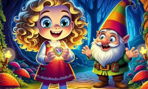 In the center of the image, a 7-year-old girl named Lucy, with curly golden hair, radiates excitement as she holds a sparkling locket in her hands. Her eyes shine with wonder, and a wide smile lights up her face while she stands on a path of shimmering stones. To her right, a jovial gnome named Grumble, around 50 years old with a bushy beard and a colorful pointed hat, encourages her with a big smile, arms open as if to embrace her. In the background, a majestic enchanted forest stretches out, with twisted tree trunks and multicolored leaves shimmering in the moonlight. Fireflies dance around them, adding a magical touch to the scene. The main situation shows Lucy and Grumble preparing to solve a mystery, as a gentle breeze rustles the leaves and mysterious shadows slip between the trees, creating a magical and intriguing atmosphere.