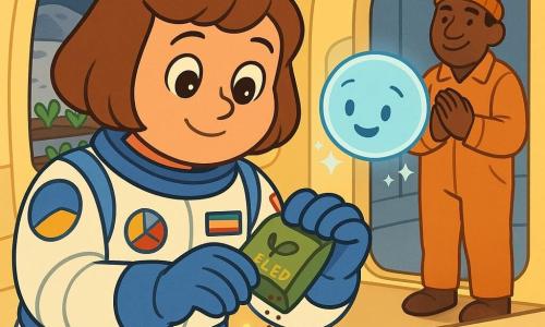 A calm smiling female pilot with chin‑length chestnut hair in a white-and-blue spacesuit with colorful patches gently holds a small green seed box and gazes at it; a pale-blue holographic computer named Dot, a glowing smiling face with tiny sparks, floats by her left wrist; a middle-aged man in orange overalls and a beanie stands a few steps away by a large window, applauding softly. They are in Station Sunny, a bright cream-and-yellow interior airlock with rounded windows overlooking a lunar garden of pots and dark soil. The woman pours the seeds into a white square pot on a smooth table under warm soft lights. The scene uses soft pastel colors, clean rounded lines, warm lighting and simple child-friendly graphics.