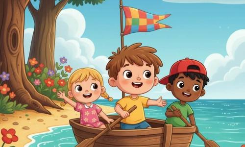 Two-year-old Max, round-faced with tousled chestnut hair, big bright eyes and a confident smile, wearing a yellow T‑shirt and blue shorts and holding a small wooden oar while looking toward the horizon with a brave, joyful expression; Lily, about four, with blond pigtails in a pink floral dress, sits front-left waving and smiling; Ben, about five, with short black hair, a red cap and green T‑shirt, rows energetically at the rear-right. They are in a simple wooden dinghy tied at a golden-sand beach lined with giant gnarled trees and red, orange and purple flowers, calm turquoise sea with small sparkling waves and a light blue sky with a few fluffy clouds. Centered composition, bright reassuring atmosphere, soft lines, vivid contrasting colors, simple textures and rounded shapes suitable for toddlers.