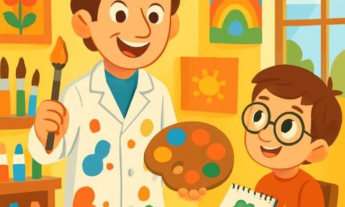 Um homem, o Senhor Lucas, está em pé no centro de seu ateliê mágico, com um grande sorriso caloroso e olhos brilhantes de alegria. Ele tem cabelos castanhos desgrenhados e usa um avental branco manchado de tinta colorida. Ele segura um pincel em uma mão e uma paleta de cores vibrantes na outra, pronto para criar uma obra de arte. Ao seu lado, Jonas, um garoto de 8 anos, com cabelos castanhos e óculos redondos, observa com admiração. Ele tem um caderno de esboços aberto sobre os joelhos e desenha um monstro engraçado, sentado em uma pequena cadeira de madeira. O ateliê está cheio de luz, com paredes pintadas de amarelo brilhante, prateleiras transbordando de tubos de tinta e pincéis de todos os tamanhos. Quadros coloridos estão pendurados por toda parte, e uma grande janela deixa entrar o sol, iluminando o espaço. A cena principal mostra o Senhor Lucas explicando às crianças como liberar sua criatividade, enquanto Jonas, inspirado, começa a desenhar seu monstro, cercado por cores vibrantes e uma atmosfera alegre.