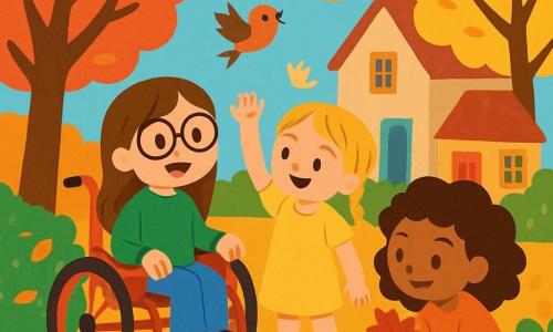 Er zijn 3 personages: - Emma: een 6-jarig meisje met lang bruin haar en een bril. Ze zit in een mooie rode rolstoel, glimlachend en kijkt naar de anderen. - Noor: een 7-jarig meisje met blonde vlechten en een gele jurk. Ze staat naast Emma en steekt haar hand op om een vogel te groeten. - Lila: een 6-jarig meisje met krullend haar en een oranje trui. Ze zit voor een struik en houdt een herfstblad in haar handen. De locatie is een charmant dorp in de herfst, met bomen met rode, gele en oranje bladeren die zachtjes vallen. De grond is bedekt met kleurrijke bladeren en er zijn stenen huizen met kleurrijke luiken. In de verte is er een grote blauwe lucht met witte wolken. De situatie toont de drie kinderen die het dorp verkennen, Emma in haar rolstoel, Noor die een vogel groet en Lila die een blad bewondert. Ze lachen samen, omringd door de schoonheid van de herfst, wat een vrolijke en warme sfeer creëert.