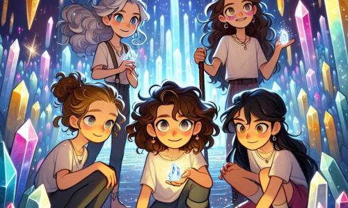 Four young girls stand bravely in a vast crystal chamber, surrounded by shimmering walls reflecting vibrant colors. Lyra, a 10-year-old with curly brown hair, is at the center, her eyes sparkling with excitement as she holds a glowing crystal. To her right, Miri, an 11-year-old with silver glasses and a crutch, attentively observes the surrounding crystals with a determined expression. On the left, Ayla, a 9-year-old with long, tousled hair, smiles with an adventurous spirit, ready to explore further. Finally, Fiona, a 10-year-old with smooth black hair, sits on the floor, drawing patterns in the dust, her dreamy gaze fixed on the crystals. The setting is the Chamber of Echoes, a vast space where giant crystals pulsating with blue and golden light rise from the ground, creating a magical atmosphere. Shadows dance on the walls, and a soft whisper resonates, as if the chamber itself is alive. The main scene shows the four friends united, ready to restore the balance between magic and technology by placing the last crystal at the center of the altar, illuminating the room with a bright and warm light.