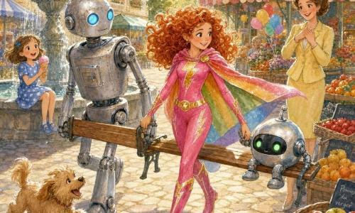 Super-Lilli, eine lächelnde mutige Frau mit rotgelocktem Haar, pinkem Kostüm mit goldenen Blitzen und Regenbogenumhang, führt zwei Roboter an der Hand zur Marktplatzmitte; ein großer silberner Roboter mit leicht oxidierten Metallflächen und blauen Lichtern trägt vorsichtig eine Holzbank rechts von ihr, ein kleiner runder polierter Roboter mit grünen Augen sitzt auf der Bank links und stabilisiert die Ladung; Mia, ein etwa 7-jähriges Mädchen in blau gepunktetem Kleid mit Erdbeereis, sitzt am Rand eines Brunnens hinten links und schaut bestaunt; die Bürgermeisterin Sonnig, etwa 40, in hellgelbem Kostüm mit erlöster Hand aufs Herz, steht rechts beim Marktstand; ein kleiner hellbrauner wuscheliger Hund bellt vorne neben der Bank; Marktplatz mit gelben Häusern und roten Dächern, unregelmäßigem Kopfsteinpflaster, bunten Obstständen und Ballons, alter Steinbrunnen in der Mitte, warmes Sonnenlicht und weiche Schatten; Hauptszene: triumphaler Rücktransport der Bank zur Marktplatzmitte, diagonale dynamische Komposition, freundliche Gesten, fröhliche kooperative Stimmung, lebhafte pastellige Aquarelltöne, weiße Glanzlichter auf Metallreflexen und den Blitzmotiven des Kostüms.