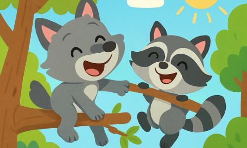 A small wolf named Leo, with soft gray fur and sparkling joyful eyes, climbs onto a tree branch, smiling widely and laughing. Next to him, a raccoon named Ricky, with striped black and gray fur and round curious eyes, swings joyfully, displaying a big smile. The setting is a sunny forest, with majestic green trees, colorful flowers, and a bright blue sky. Sunlight filters through the leaves, creating dancing shadows on the ground. The main scene shows Leo and Ricky playing together, laughing and having fun on the branch, celebrating their friendship in a moment of shared happiness.