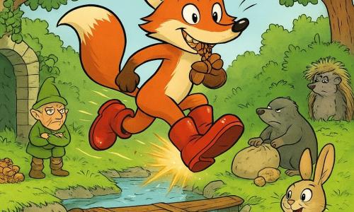 A sly red anthropomorphic fox (European type) with bright, mischievous eyes and a determined smile wears shiny magical red boots glowing softly and is leaping in an arc over a clear stream, holding a small pouch of nuts and acorns between his teeth; a tiny gnome named Bopple with a wrinkled face and olive-green pointed hat stands on the bank near an ivy-covered stone arch, arms crossed and watching with a slightly annoyed but proud look; a chubby mole (Mudge) with gray-brown fur, grumpy but focused, arranges bags of almonds and nudges squirrels toward the landing bank; a young pale rabbit (Pip) with perked ears applauds by an overturned basket of blueberries on the opposite shore; an elderly hedgehog (Old Thistle) with ruffled quills and a stern yet concerned expression supervises beside a hollow log stocked with provisions; the scene is a lively, humorous fantasy moment with mossy stones, a broken plank bridge with frayed ropes, leafy trees, piles of nuts and sacks, mischievous squirrels in the branches, exaggerated motion lines and sparkling light from the bouncing red boots.