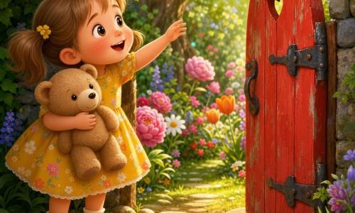 A 4-year-old girl with a round freckled face and light brown pigtails, smiling and amazed, reaches toward a small red wooden gate saying 