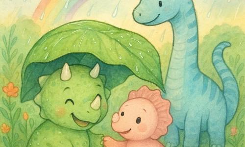 Un pequeño tricératops llamado Tito, alegre y reconfortado, con piel verde pálido moteada de crema y tres cortas cuernas brillantes, se acurruca bajo una gran hoja verde para protegerse de la lluvia; Tina, otra tricératops un poco menor, maravillada, color rosa empolvado con pequeñas franjas en la gola, huele una gran flor junto a Tito y le extiende una pata a la izquierda; Dino, un diplodocus alto y dulce de cuello azul pálido con rayas más oscuras, está detrás, con la cola enroscada y mirada amable, salpicando suavemente un charco. La selva tiene flores coloridas y hierbas altas mojadas, y el gran cielo deja caer gotas mientras aparece un arcoíris vivo y el sol atraviesa las nubes; la escena muestra a los tres amigos reunidos bajo la hoja durante una ligera lluvia, gotas perladas en la hoja y expresiones de complicidad y calidez.