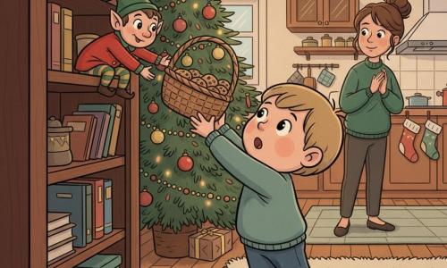 A 4-year-old boy with a round face, rosy cheeks and bowl-cut light brown hair stands on a beige cushion reaching for a wicker basket of cookies atop a dark wooden bookshelf while a mischievous small elf in a pointed green hat, red jacket and striped tights perches mid-shelf helping tip the basket; the boy looks brave and awed, a woman in her 30s with brown hair in a loose bun and a dark green sweater watches tenderly from the kitchen with hands clasped, and the warm living room is decorated for Christmas with a tree, red and gold baubles, twinkling garlands, stockings on the mantel and cream rug, bathed in golden garland light for a joyful, safe holiday atmosphere.