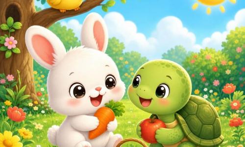 Um pequeno coelhinho chibi branco, olhos redondos e brilhantes, pelagem fofinha, postura saltitante, sorrindo e segurando uma cenoura laranja; uma tartaruguinha chibi verde, carapaça arredondada com padrões suaves, expressão calma e sorridente, andando lentamente ao lado do coelho e olhando com carinho; um passarinho amarelo pousado num galho baixo, asas recolhidas, cantando suavemente e curioso; jardim de verão colorido com grama verde, flores amarelas e vermelhas, uma grande árvore sombreada à esquerda e céu azul claro com sol amarelo no canto superior direito; cena principal de brincadeira na grama onde coelho e tartaruga esperam pacientemente, riem e compartilham frutas, atmosfera doce, luminosa e serena; estilo visual em cores pastel vivas, contornos limpos e arredondados, texturas simples e muito fofas, composição centrada e legível para crianças pequenas