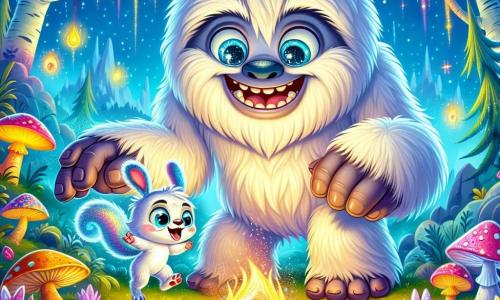 Een Yeti met grote zachte poten en stralend witte vacht staat in het midden van de afbeelding, met sprankelende blauwe ogen vol nieuwsgierigheid en een brede blije glimlach. Hij steekt zijn hand uit naar een kleine fonkelende vuurbol die voor hem zweeft, waardoor zijn gezicht een warme gloed krijgt. Aan zijn rechterkant springt een klein fantasiewezen genaamd Pip, dat lijkt op een mix van een konijn en een eekhoorn, met pluizige oren en zilverachtige vacht, van blijdschap. Hij heeft een ondeugende blik en wijst opgewonden naar de vuurbol. De achtergrond is een prachtig betoverend moeras, gevuld met kleurrijke kikkerpoten, lichtgevende paddenstoelen en grote bomen met gouden bladeren die onder de zon schitteren. Een lichte mist zweeft boven het water, wat een magische sfeer creëert. De hoofdscène toont de Yeti en Pip die samen de magie van het moeras ontdekken, terwijl ze op het punt staan een ongelooflijk avontuur te beleven, omringd door felle kleuren en betoverde mysteries.