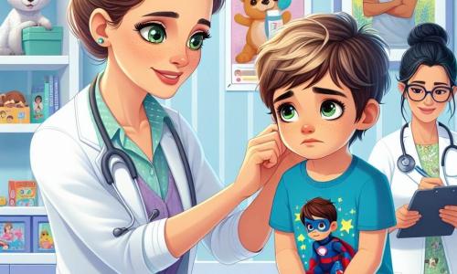 A cena mostra a Dra. Clara, uma mulher na casa dos trinta anos, com cabelos castanho claros em um coque bagunçado e olhos verdes que transmitem empatia. Ela está examinando um menino, Miguel, de cerca de 8 anos, com um rosto preocupado e bochechas vermelhas. Miguel está sentado em uma mesa de exame, vestindo uma camiseta azul com um desenho de super-herói, com as mãos apertadas em seus joelhos. Ao lado deles, a enfermeira Lúcia, uma mulher na casa dos quarenta anos com cabelos negros e óculos, faz anotações em um tablet, pronta para ajudar. Ela sorri para tranquilizar Miguel e observa a consulta. O ambiente é um consultório médico iluminado e acolhedor, com cartazes coloridos nas paredes representando animais e dicas de saúde para crianças. Uma estante cheia de brinquedos e livros está em um canto, criando uma atmosfera amigável. A Dra. Clara, concentrada e atenciosa, faz perguntas a Miguel sobre suas dores de barriga, enquanto Lúcia, com um sorriso encorajador, aguarda para intervir se necessário. A atmosfera é séria e tranquilizadora, refletindo o compromisso de Clara em ajudar seus jovens pacientes.