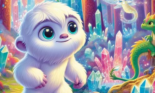 Ein junger Yeti mit weichem, weißem Fell und neugierigen, glänzenden Augen steht im Mittelpunkt der Szene und zeigt einen Ausdruck von Entschlossenheit und Staunen. Er erkundet den Glitzerwald, umgeben von funkelnden Kristallen, die das Licht in Rosatönen, Blau und Gold reflektieren. An seiner Seite fliegt ein kleines Rehkitz mit zarten, silbernen Flügeln und strahlenden Augen fröhlich um ihn herum, was der Atmosphäre einen Hauch von Magie verleiht. Ein kleiner smaragdgrüner Drache mit goldenen Schuppen und einem schelmischen Lächeln steht etwas im Hintergrund, bereit, sie auf ihrem Abenteuer zu begleiten. 

Der Ort ist ein wunderschöner verzauberter Wald, in dem kristallene Bäume majestätisch emporragen, deren Äste im Sonnenuntergang wie Diamanten funkeln. Lichter tanzen in der Luft und schaffen eine märchenhafte Stimmung. 

Die Hauptsituation zeigt den Yeti, das Rehkitz und den Drachen vor einem großen Steintor, das mit alten Symbolen verziert ist und sich langsam öffnet, um eine Welt aus Licht und Magie dahinter zu enthüllen. Sie sind bereit, in das Heiligtum der Freundschaft einzutreten, erfüllt von Aufregung und Neugier.