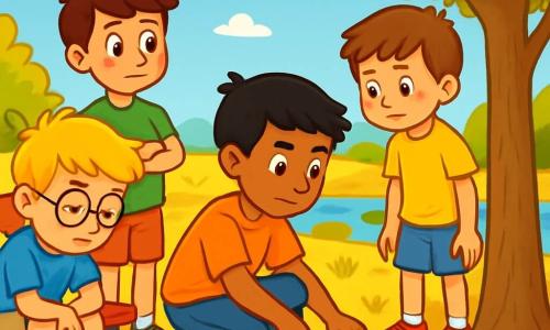 Er zijn 4 kinderen: - Luuk: een 10-jarig jongen met messy blond haar en ronde brillen. Hij draagt een blauwe t-shirt en een beige short. Hij zit op een bank en kijkt peinzend naar de grond. - Sam: een 9-jarig jongen met bruin haar en sprankelende ogen. Hij draagt een felgroene t-shirt en een rode short. Hij staat naast Luuk met zijn armen gekruist en een nieuwsgierige glimlach. - Amir: een 10-jarig jongen met zwart haar en een licht gebruinde huid. Hij draagt een oranje t-shirt en een spijkerbroek. Hij hurkt bij een boom en raakt de schors geïnteresseerd aan. - Daan: een 9-jarig jongen met kastanjebruin haar en sproeten op zijn gezicht. Hij draagt een gele t-shirt en een blauwe short. Hij staat achter Amir en kijkt naar de droge grond. De situatie speelt zich af in een park in de zomer, met een stralende blauwe lucht en een heldere zon. De grond is bedekt met geel en droog gras, en de bloemen zijn verwelkt. In de verte is een klein water zichtbaar, maar het is erg laag, waardoor rotsen en algen zichtbaar zijn. Bomen met lichtgeel blad omringen het park. De hoofdscène toont de kinderen die samen nadenken over hoe ze de natuur kunnen helpen. Ze bespreken serieus, met vastberaden uitdrukkingen op hun gezichten, terwijl ze hun omgeving observeren.