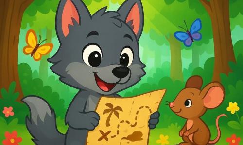 Een kleine wolf met grijze, zijdeachtige vacht en nieuwsgierige, glanzende ogen staat in het midden van de scène, met een oude schatkaart tussen zijn poten. Zijn uitdrukking is zowel opgewonden als vastberaden, terwijl hij met een grote glimlach om zich heen kijkt. Naast hem observeert een kleine muis met een bruine vacht en grote oren, met een ondeugende blik, de kaart met verwondering. Ze zit op een steen, klaar om haar vriend te helpen in dit avontuur. De achtergrond is een prachtig groen bos, vol majestueuze bomen met stralend groene bladeren, kleurrijke bloemen die tussen de wortels groeien, en een zachte zonnestraal die door het loof filtert. Vlinders dansen om hen heen en voegen een vleugje magie toe aan de omgeving. De hoofdsetting toont Lupo en zijn kleine muisvriendin, gefascineerd door de schatkaart, klaar om op zoek te gaan naar een mysterieuze schuilplaats, omringd door de schoonheid van de natuur.