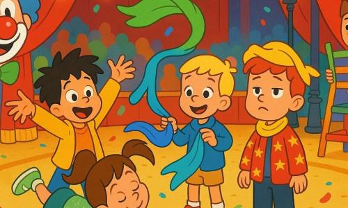 Vier kinderen van ongeveer 6 jaar in het midden van een ronde circuspiste met gouden vloer en rood gordijn: Mila, bruin haar in paardenstaart, glinstervest groen, rolend op het tapijt links van het midden; Noor, kort blond haar, blauw jasje, rechts van Mila, houdt een blauwe sjaal en glimlacht; Finn, rood haar, rood jasje met sterren, rechts van Noor, draagt onhandig een gele sjaal als kroon en kijkt plechtig-grappig; Sem, zwart warrig haar, geel jasje, links van Mila, gooit net een groene sjaal omhoog en kijkt verrast en blij. Op de achtergrond links clown Bubbles met rood neusje en gastvrije glimlach, rechts Joris de stoelenstapelaar die rustig een toren van kleurrijke stoelen bouwt; warme lampjes, confetti en een vrolijke, veilige sfeer met verzadigde kleuren en duidelijke contouren.