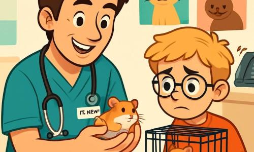 A smiling and warm male veterinarian, Dr. Nate, is wearing teal scrubs and has a stethoscope around his neck. His slightly tousled brown hair and sparkling eyes reflect enthusiasm as he examines a hamster in his hands. Next to him, an 8-year-old boy named Sam, with messy blonde hair and round glasses, looks worriedly at his hamster, Whiskers, who is nestled in a small cage. They are in a bright veterinary clinic, decorated with colorful animal posters and scattered pet toys. The main scene shows Dr. Nate reassuring Sam, explaining how to care for Whiskers, while a phone rings in the background, adding a sense of urgency to the atmosphere.