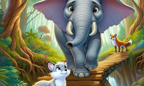 Un elefante maestoso di nome Elio, con la pelle grigia e grandi orecchie che fluttuano come vele, si trova sul bordo di un dirupo, con uno sguardo determinato e curioso. Avanza con cautela su un vecchio ponte di legno, le sue grandi zampe toccano delicatamente le tavole usurate, mentre un sorriso sicuro illumina il suo volto. Accanto a lui, una giovane volpe argentata di nome Luna, con un pelo brillante e occhi vivaci d'intelligenza, lo incoraggia con un'espressione amichevole, saltellando sul lato del ponte. Sullo sfondo, una foresta fitta e incantata si estende a perdita d'occhio, con alberi giganteschi dai tronchi contorti e foglie di un verde brillante, mentre raggi di sole filtrano tra il fogliame, creando un'atmosfera magica e luminosa. La scena principale mostra Elio, l'elefante coraggioso, che attraversa il ponte instabile per superare la sua paura, mentre Luna lo osserva con ammirazione, pronta a sostenerlo in questa prova.